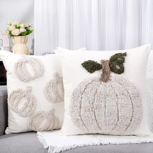 2 PCS Pumpkin Pillow Covers Fall Pillow Covers 18x18 Inch Square Beige White Linen Embroidered Throw Pillow Cases Autumn Halloween Thanksgiving Soft Decor for Sofa Bed Couch Living Room Farmhouse Home