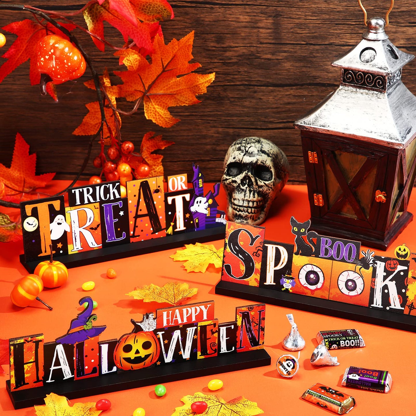 3 Pieces Halloween Table Decorations - Pumpkin Centerpiece, Boo Spooky Wood Sign, Trick or Treat Witch Hat Decor for Party, Living Room, Kitchen, Office, Bar