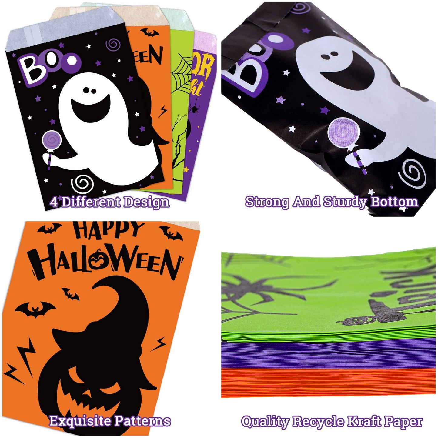 Whaline 120Pack Halloween Treat Bags 4 Designs Cartoon Grimace Pumpkin Cat Ghost Spider Pattern Candy Buffet Bags Trick or Treat Paper Gift Bags for Chocolate Cookies Goodies Halloween Party Favor