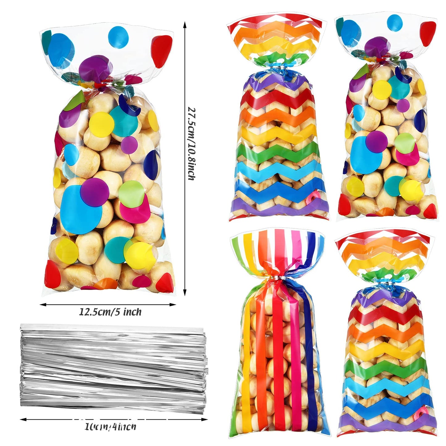 105 Pcs Rainbow Cellophane Treat Bags Bulk Plastic Polka Dot Stripes Goodie Candy Favor Bags with Twist Ties for Back to School Party Favors Anniversary Wedding Baby Shower Birthday Supplies