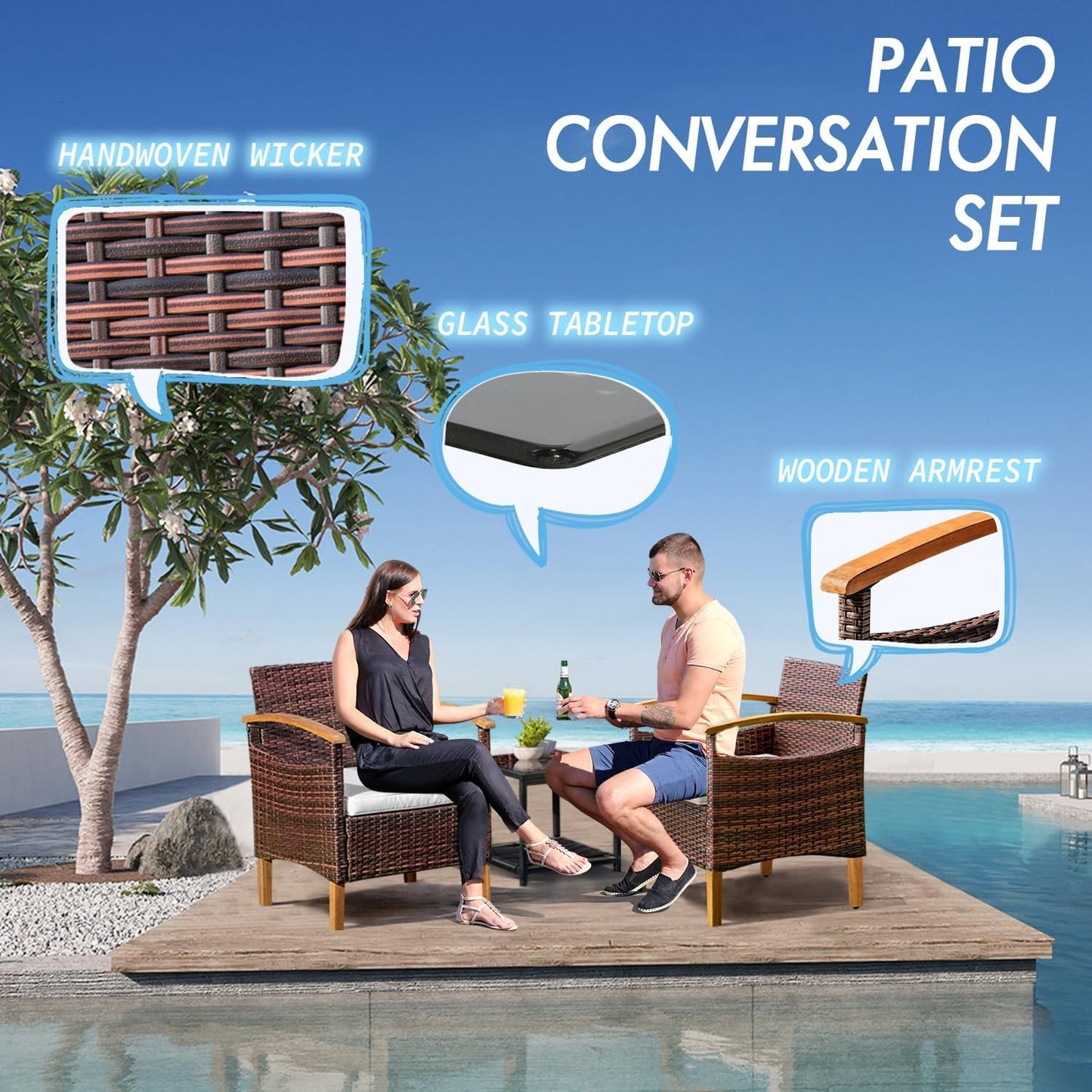 YEEFY 3PCS Outdoor Patio Furniture Set Outdoor Furniture Set with Table Outside Lawn Patio Chairs Set of 2 Patio Conversation Sets Bistro Wicker Patio Set for Backyard Porch Balcony Garden (Brown)