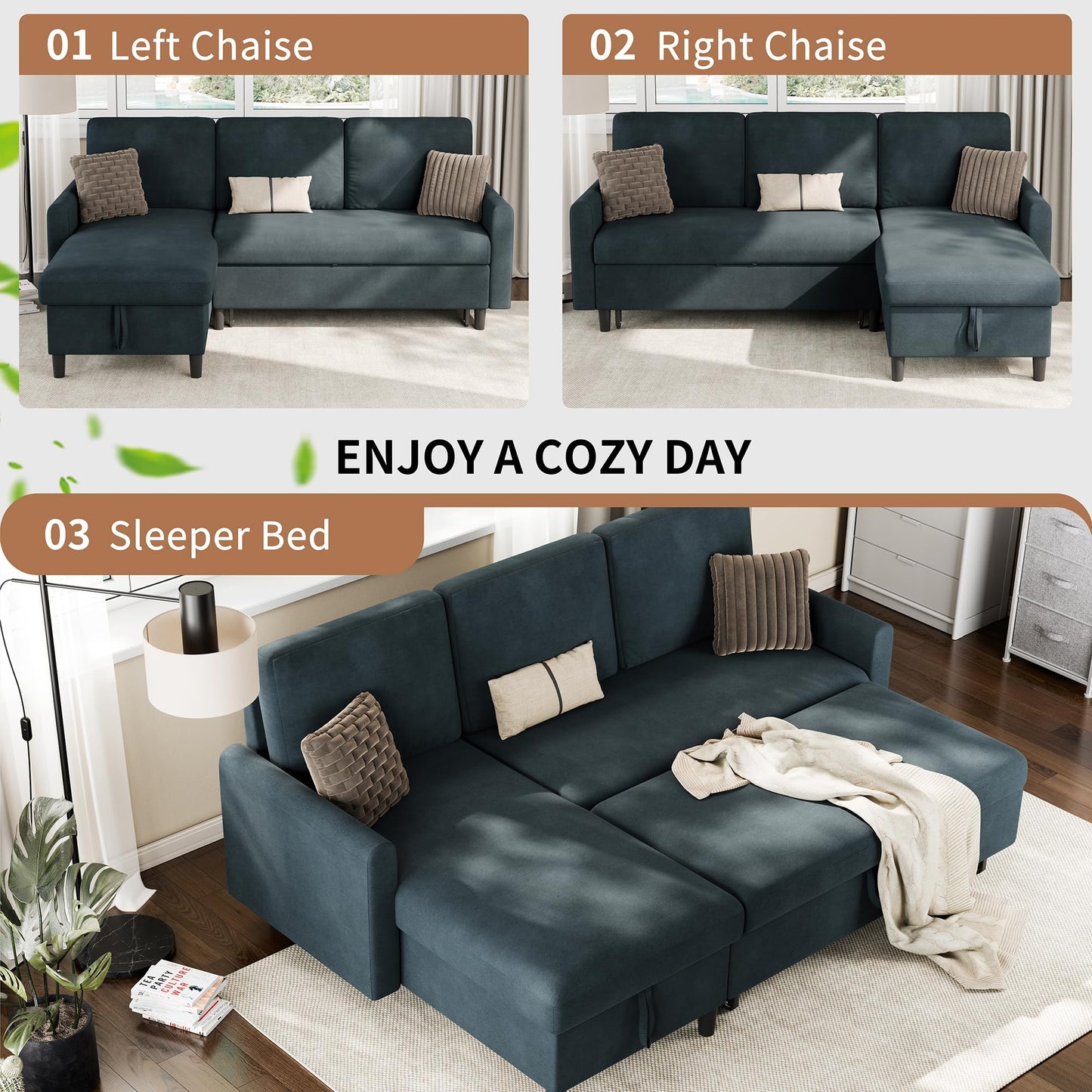 Walsunny Sectional Sofa Couch Bed L Shaped Sleeper Sofa Bed Pull Out Bed with Storage, Reversible Sectional Couches for Living Room, Apartment, Office(Dark Gray)