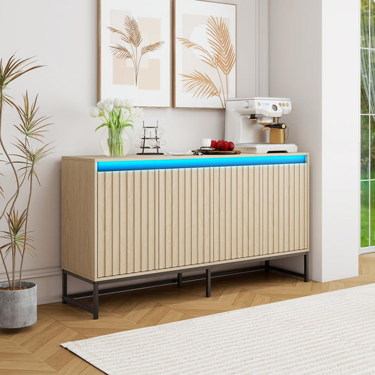 Woenei Fluted Sideboard Buffet Cabinet with Storage, 59" Wood Storage Cabinet with Doors and Adjustable Shelves LED Light, Modern Credenza for Kitchen, Dining Room, Living Room, Entryway, Oak