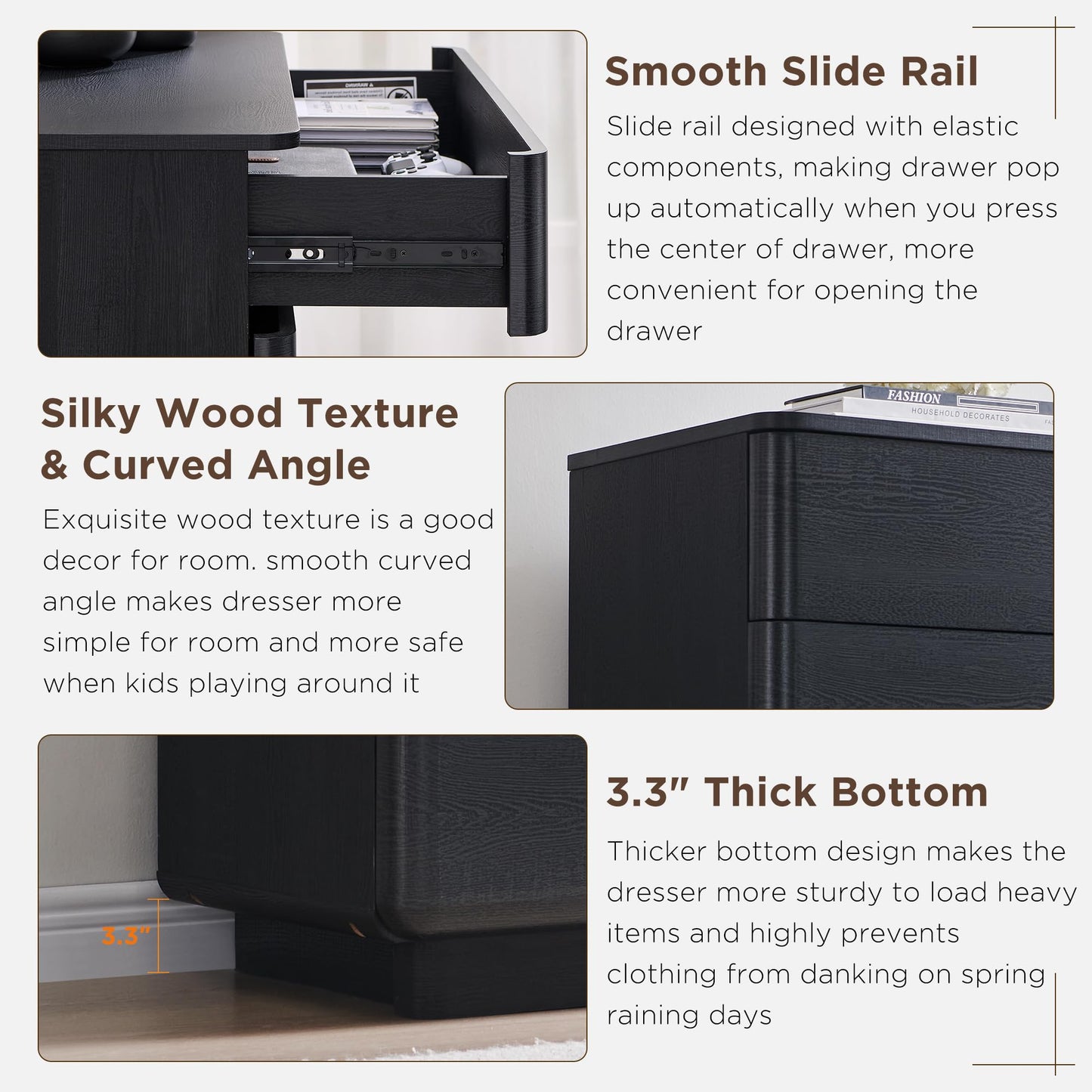 ACCOHOHO Modern 5 Drawer Dresser Chests for Bedroom, Farmhouse 42" Tall Chest of Drawers with Large Drawers, Natural Texture, Curved Angle for Room, Hallway and Entryway, Black