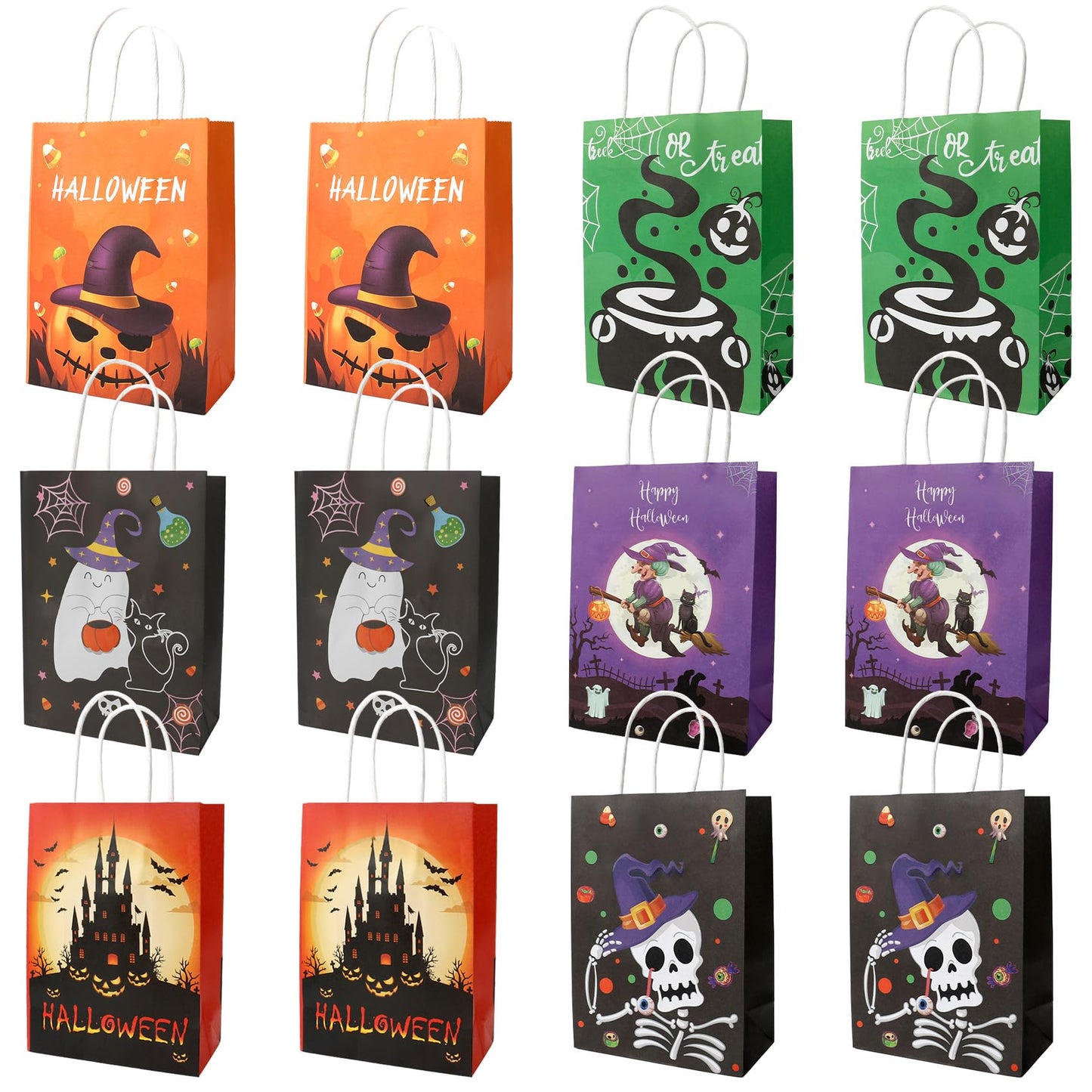 12 PCS Halloween Bags with Handles, 6 Styles Halloween Paper Bags for Gift Candy Goodie Snacks Treat Cookie Wrap Party Favors Supplies Decorations Trick or Treat Horror theme Birthday Baggies Pouch