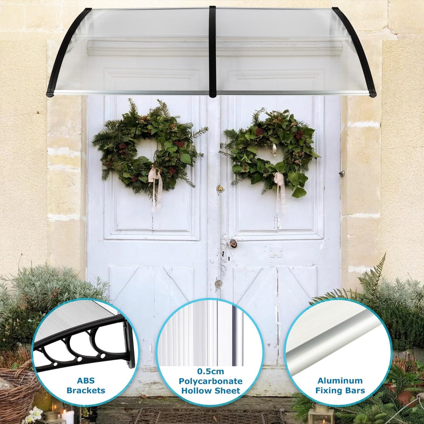 80" x 40" Window Awnings Door Canopy, Polycarbonate Cover Front Door Outdoor Window Awning Exterior, Entry Door Awning for Sun Shutter, UV, Rain and Snow Protection, Hollow Sheet(Clear Board)