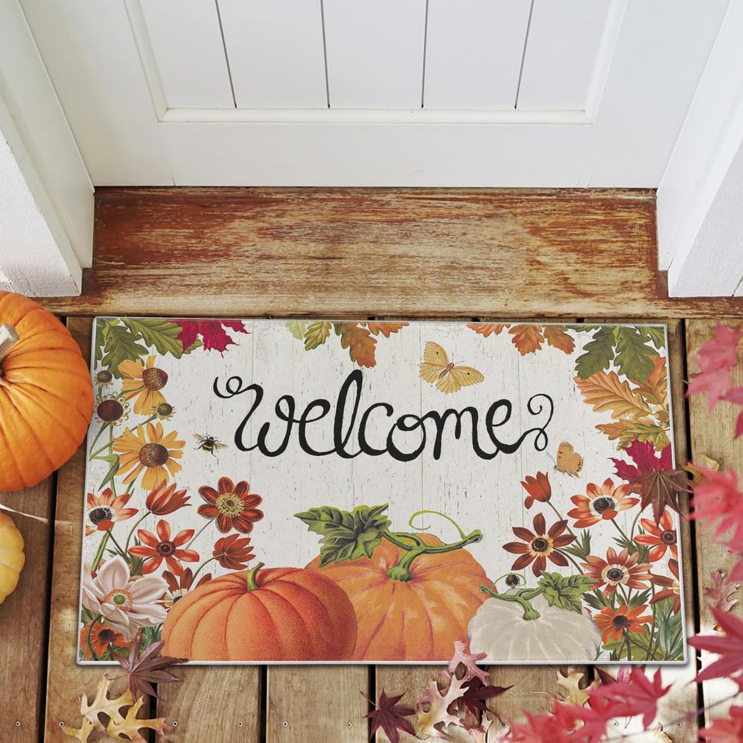 wyoansfhd Fall Pumpkin Doormat, Autumn Home Decor Entry Door mat, Pumpkin Doormat, Low Profile Entry, Non-Slip Farmhouse Mat, Outdoor Welcome Mat 17x30 Inch