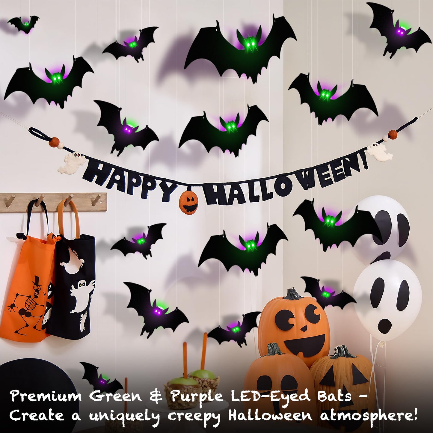24 Pack Light-Up Halloween Bats Decorations Removable Hanging PVC Bats w Lights for Halloween Party Indoor Outdoor Home Window Garage