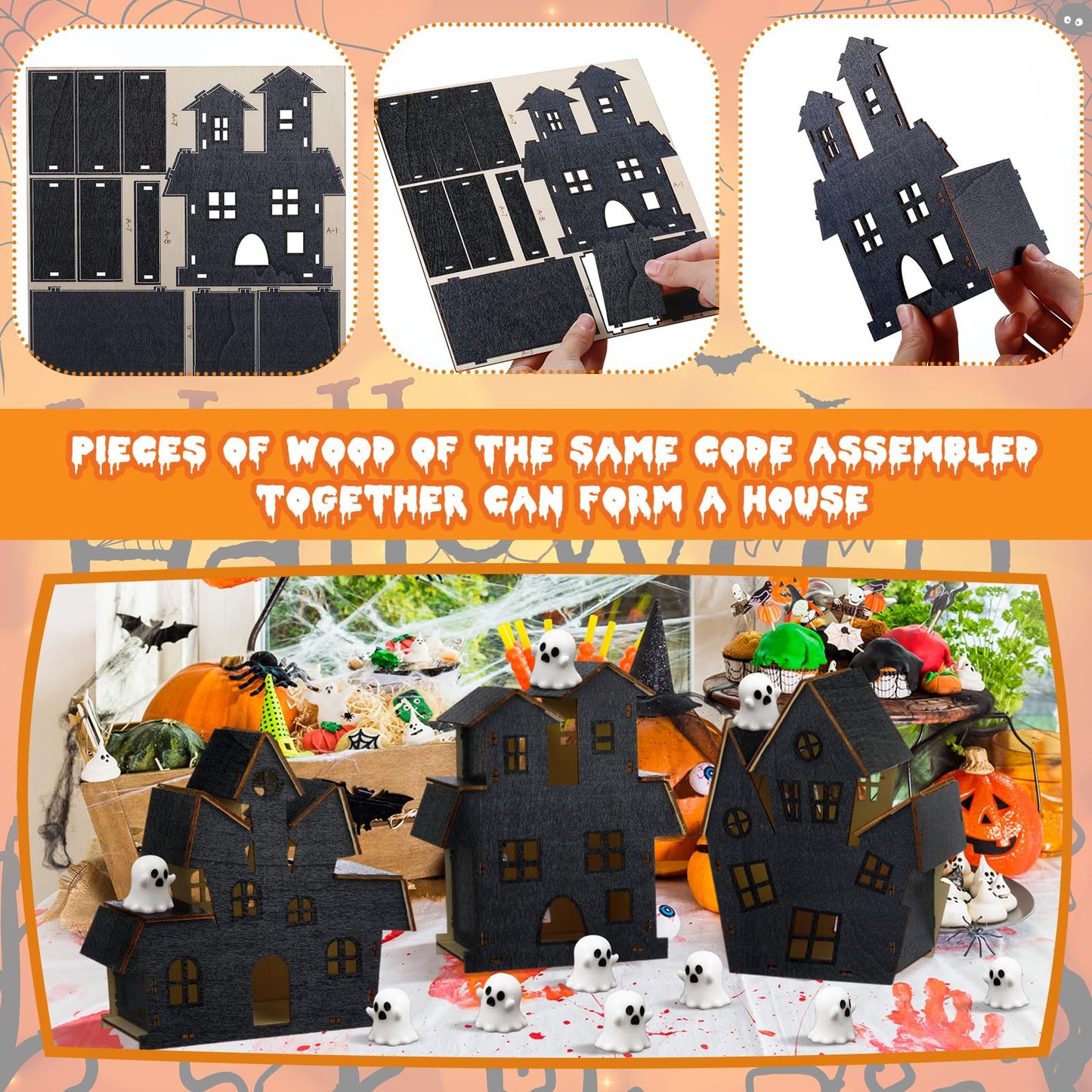 Wonderjune 13 Pcs 3D Ghost Halloween Village Haunted House DIY Kit 3 Large Wooden Castle House 10 Ghost Figurines Crafts Kit for Indoor Outdoor Halloween Party Decor Supplies