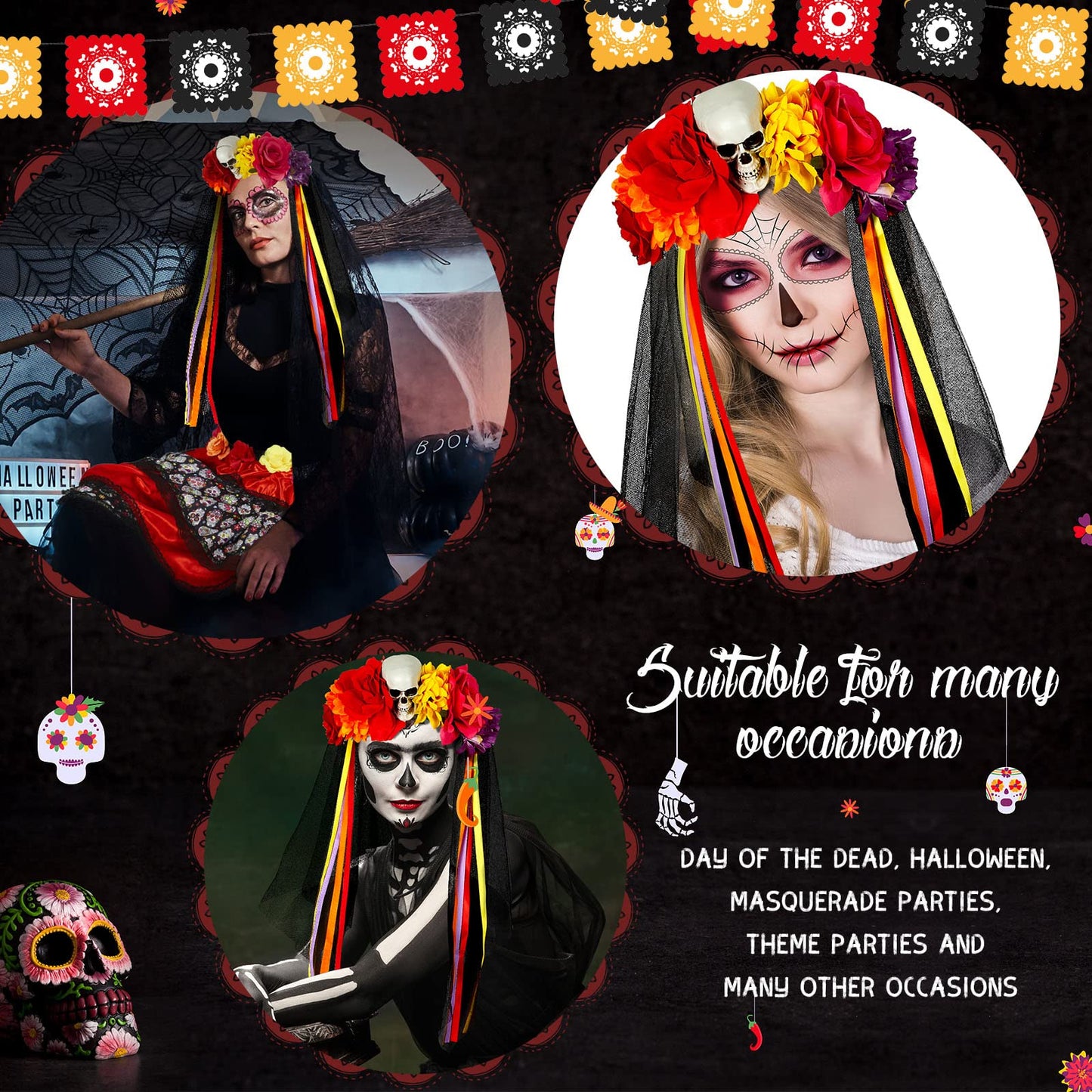 2 Pcs Halloween Day of the Dead Bustle and Day of the Dead Headband for Women Set Halloween Costumes for Women Girls (Medium)