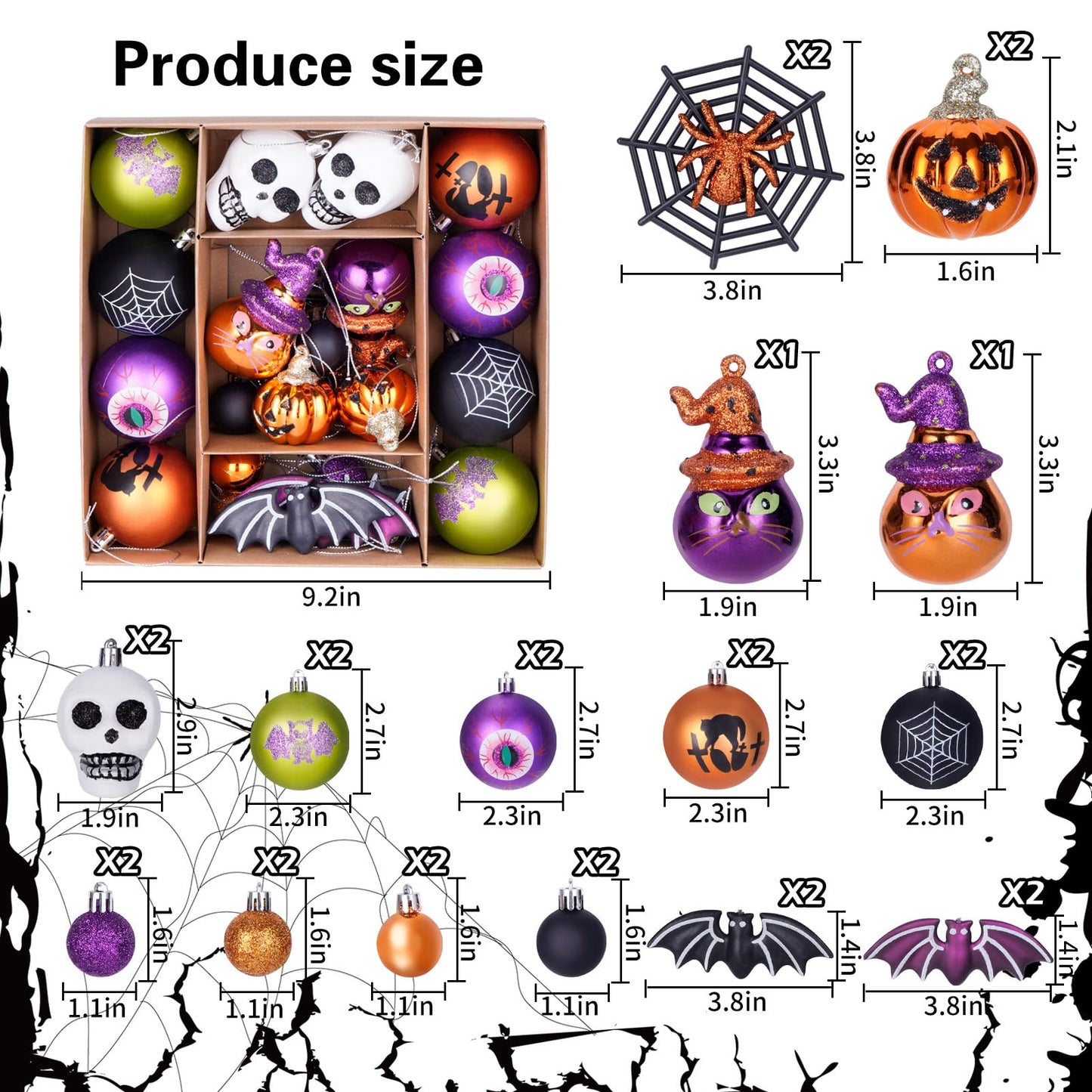 28Pcs Halloween Ball Ornaments Set, Shatterproof Hanging Halloween Tree Ornaments with Spider, Pumpkin, Skull Design for Indoor&Outdoor Holiday Party Decoration
