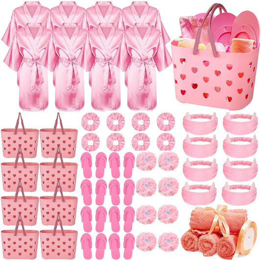 yasuwekik 8 Sets Spa Party Supplies for Girls Sleepover Party Favors with Pink Basket Satin Robe Towel Headband Satin Hair Scrunchies Loofah Disposable Slipper Gift Ribbon for Birthday