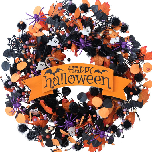 22 Inch Halloween Orange Black Boxwood Wreath With Ghost Spider for Front Door, Soft Touch Berries for Indoor Outdoor, Happy Halloween Sign for Home Decor