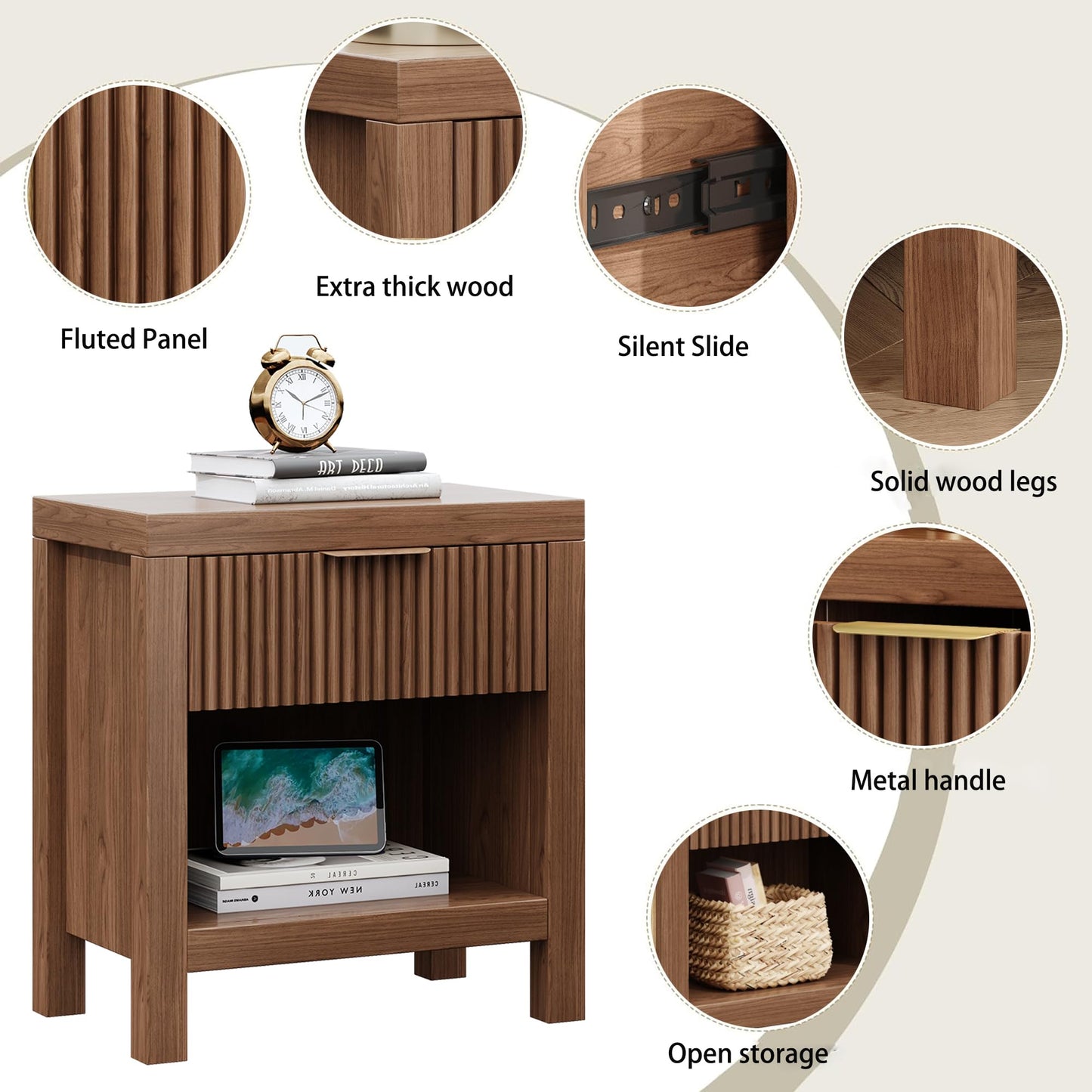 Vudanfe End Table Set of 2 with Storage, Small End Table, Wood Bedside Table with Drawer and Opening Storage, Nightstand Accent Table for Living Room, Bedroom, Walnut Oak