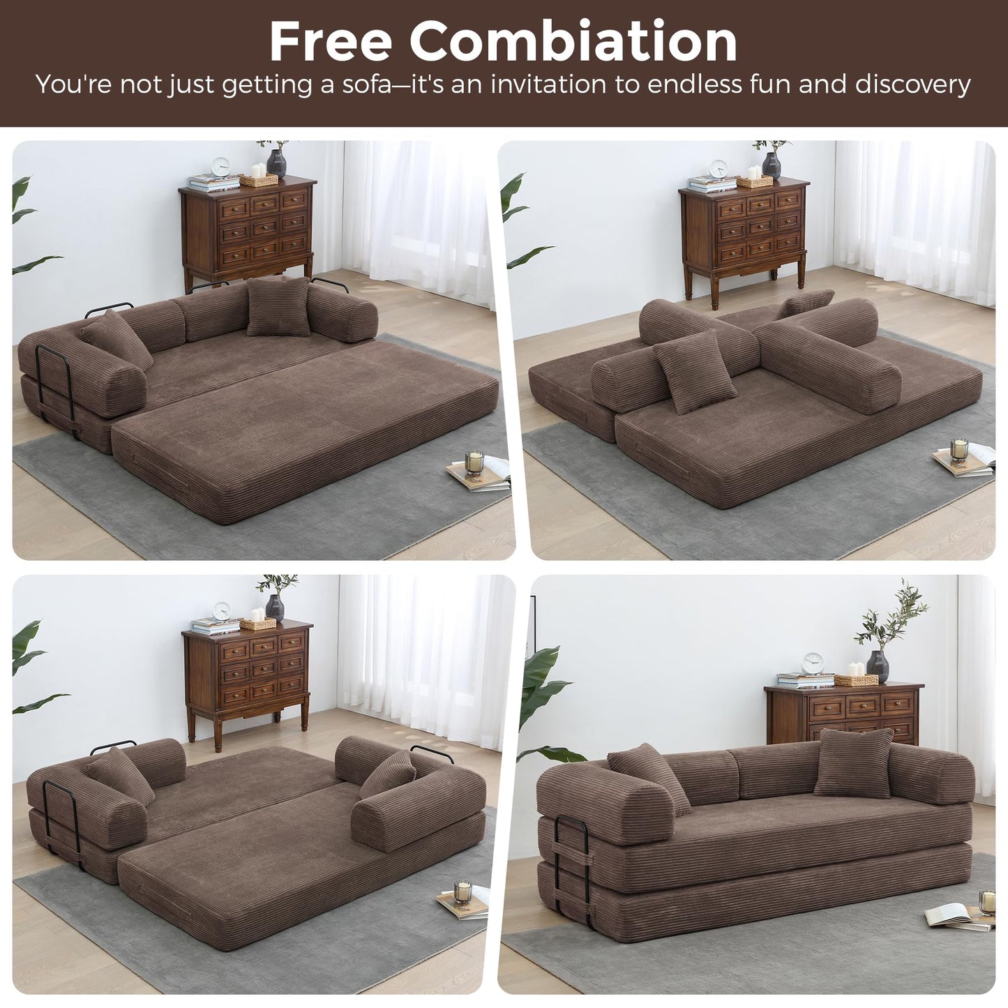 VYNELITO Comfy Convertible Sleeper Floor Sofa Bed, Corduroy Folding Mattress Couch with Fixed-Shape Frame, Floor Sofa with Armrest, Lounge Couch for Living Room Bedroom Lounge Studio,Brown