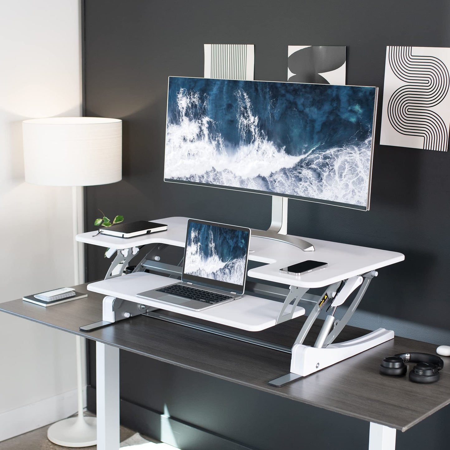 VIVO 42 inch Height Adjustable Stand Up Desk Converter, V Series, Quick Sit to Stand Tabletop Dual Monitor Riser Workstation, White, DESK-V000VLW