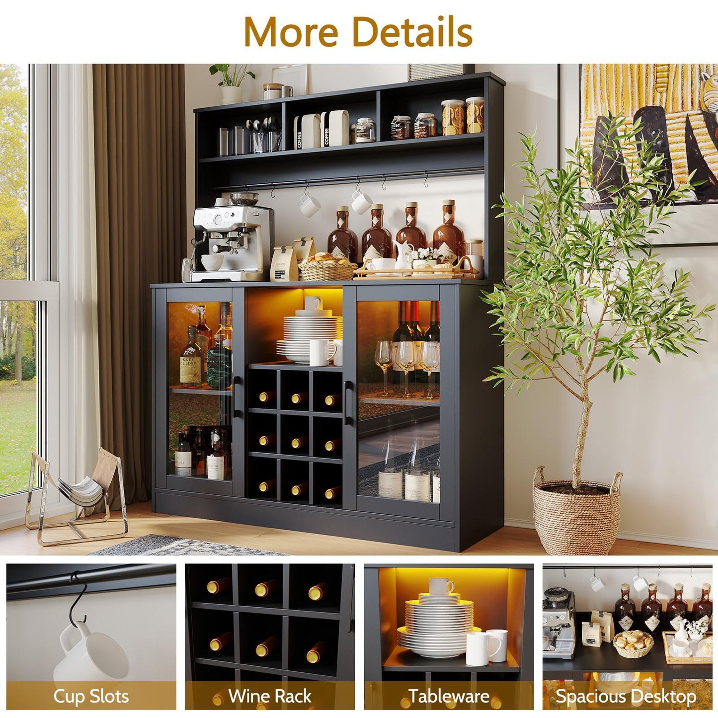 Wine Bar Cabinet with LED Light and Power Outlet, Liquor Cabinet with 9 Wine Racks, 6 Hooks and Adjustable Shelf, Coffee Bar Cabinet Buffet Sideboard for Kitchen and Living Room, Black, 47.2"D x 15.74