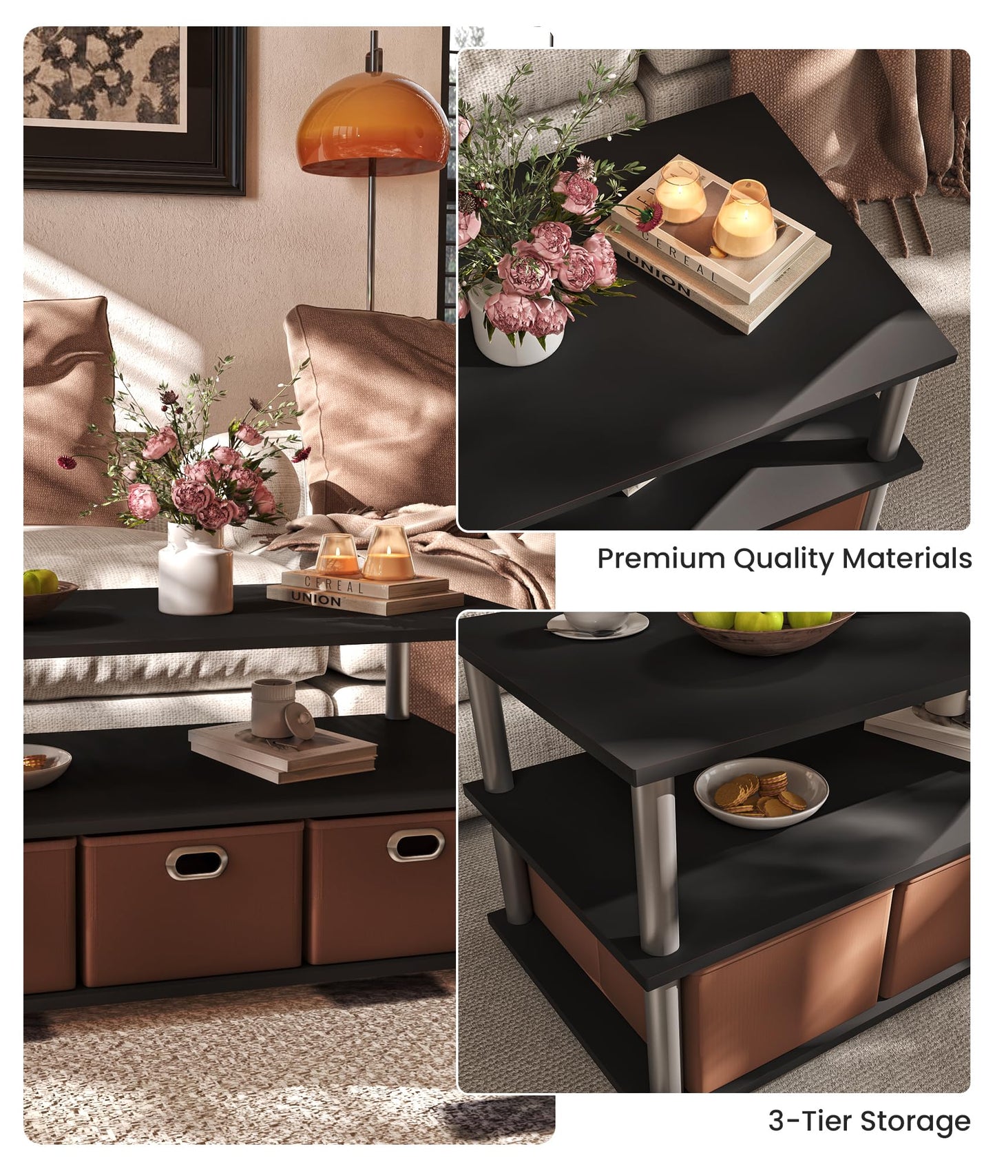 VPSMAT Coffee Table for Living Room, Wood Center Table with Storage Shelf and 3 Drawers for Living Room Apartment Home Office Black/Brown