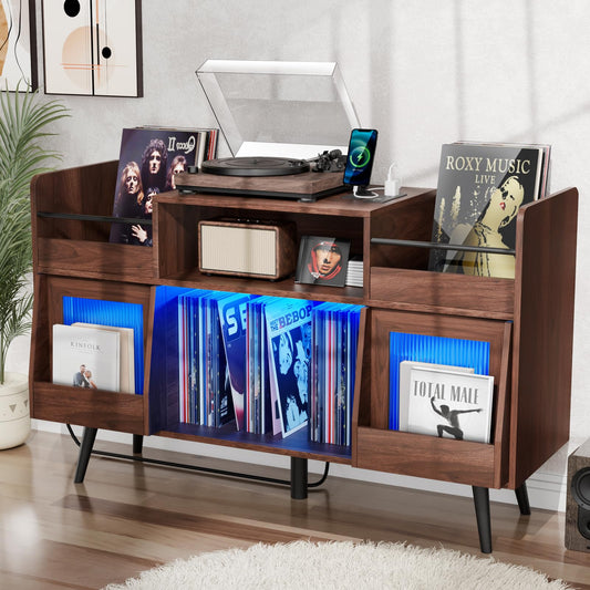XL Record Player Stand,Turntable Stand Shelf with with Power Outlet and LED Light,Vinyl Record Storage Cabinet Up to 500 Albums, Wood Record Player Holder Table for Living Room