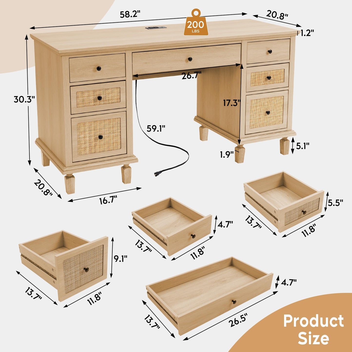 Yechen 58'' Wood Executive Desk with 7 Drawers - Modern Natural Rattan Home Office Desks with Charging Station, Large Long Computer Desk with Storage, Boho Writing Table for Work, Study, Natural Oak