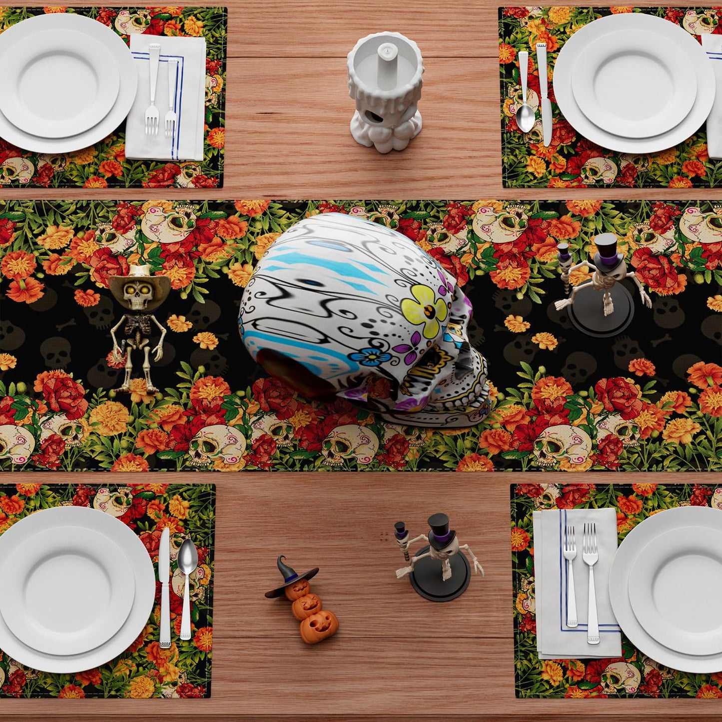 XCHI Sugar Skull Marigolds Floral Dia De Los Muertos Table Runner Day of The Dead Mexican Table Decoration for Home Kitchen Dining Holiday Fiesta Themed Party Decor 13x72 Inch