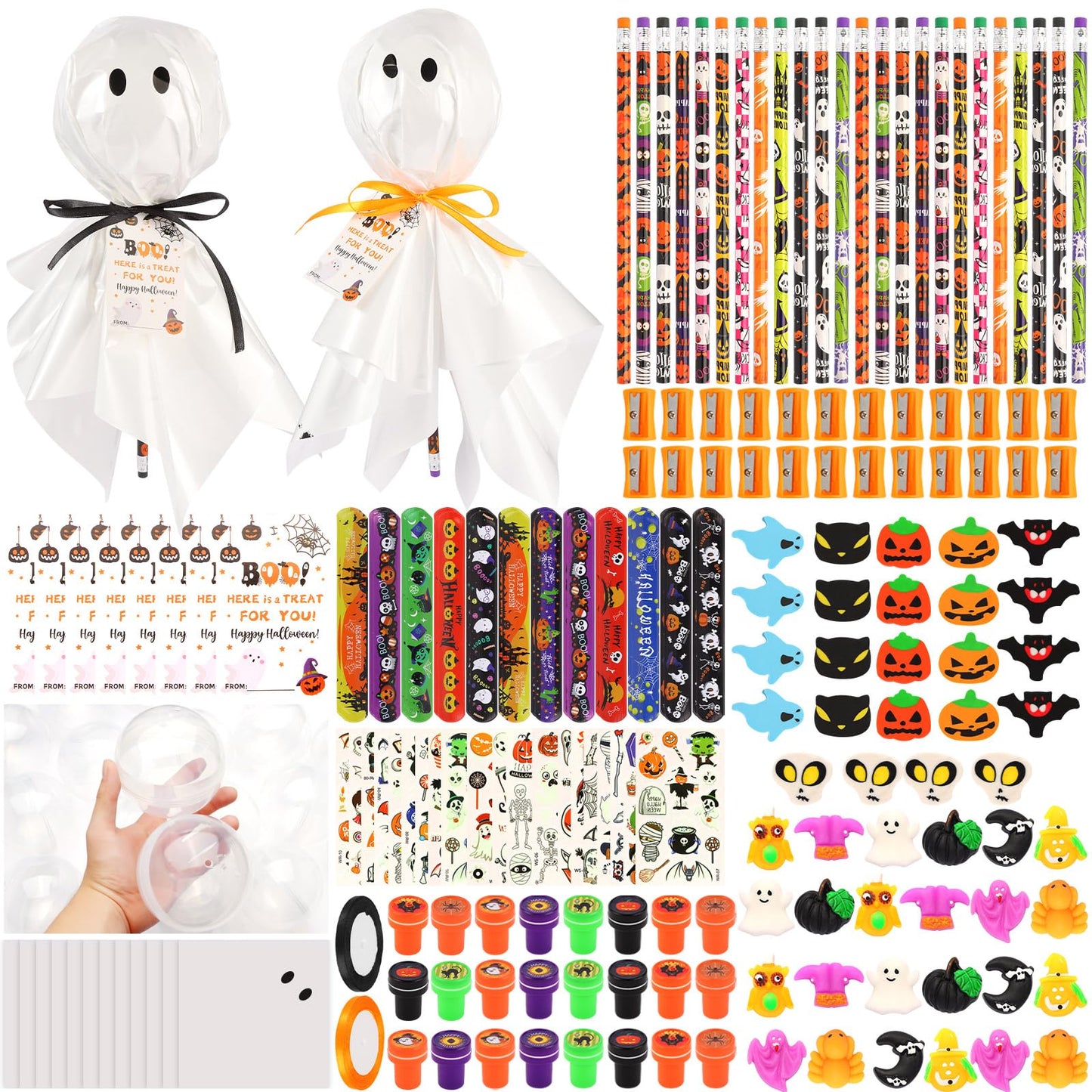 24Pack Halloween Party Favors for Kids, Giant Lollipop with Gift Cards, Pencils, Temporary Tattoo Stickers, Erasers, Stampers, Sharpener for Classroom School Exchange Party Favors for Boys and Girls