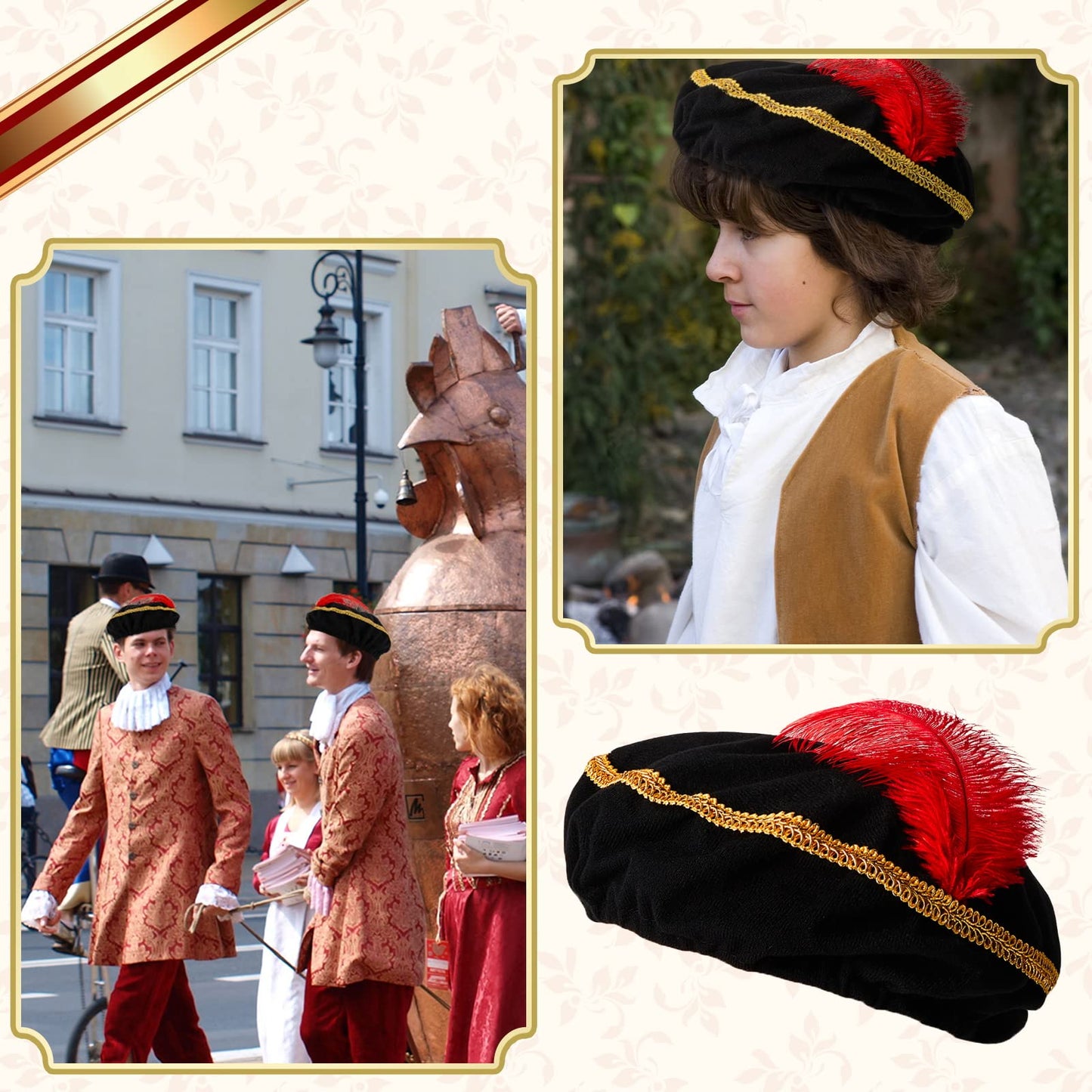 3 Pcs Renaissance Hat Black Medieval Hat Red Feather Minstrel Costume Cap Renaissance Costume Accessory Party Cosplay Supply for Men Women Adult