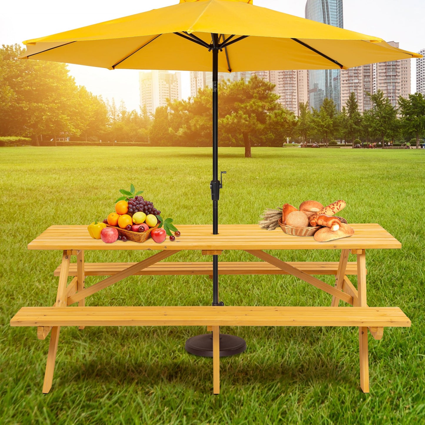 Voryvans Picnic Table with Bench for 8 Person Outdoor Wooden Rectangle Table for Patio Garden Backyard Large Outside Dining Table Set with Umbrella Hole 6.25FT Natural