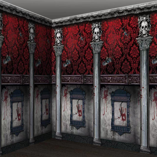 3Pcs Halloween Gothic Mansion Backdrop Decoration, Plastic Halloween Gothic Mansion Room Scene Setters Photography Background Wallpapers for Halloween Haunted House Party Decoration, 54×108 inches