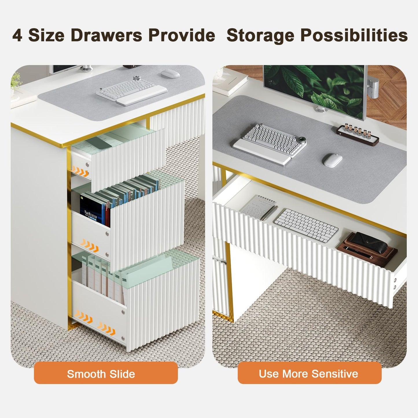 4 EVER WINNER White Desk with Drawers, 47 Inch Computer Desk with 4 Drawers & Hidden Handle, Home Office Desks with Storage Vanity Writing Table for Study, White and Gold Desk