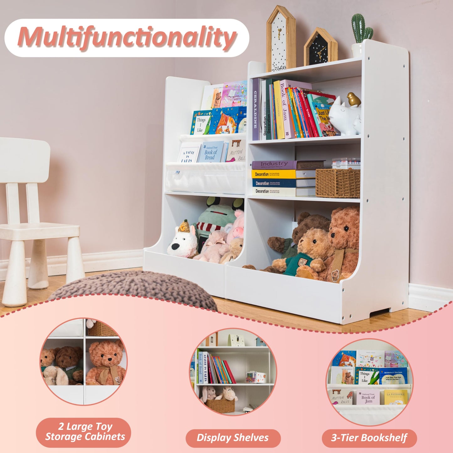 48.6" Large Solid Wood Kids Bookshelf, 3 Layer Sling Children Bookshelf, Baby Book Shelf With Toy Storage Organizer, Display Shelves, Toddler Bookcase For Kids Room, Library, Nursery, Playroom