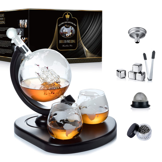 Whiskey Decanter Set,Globe Decanter,Whiskey Gifts for Men Husband Him Boyfriend Dad Women,with 2 Glasses,Beads,4 Ice Cubes,Tong & Funnel,Beverage Drink Dispenser,for Whisky,Liquor,Wine,Brandy,Cognac