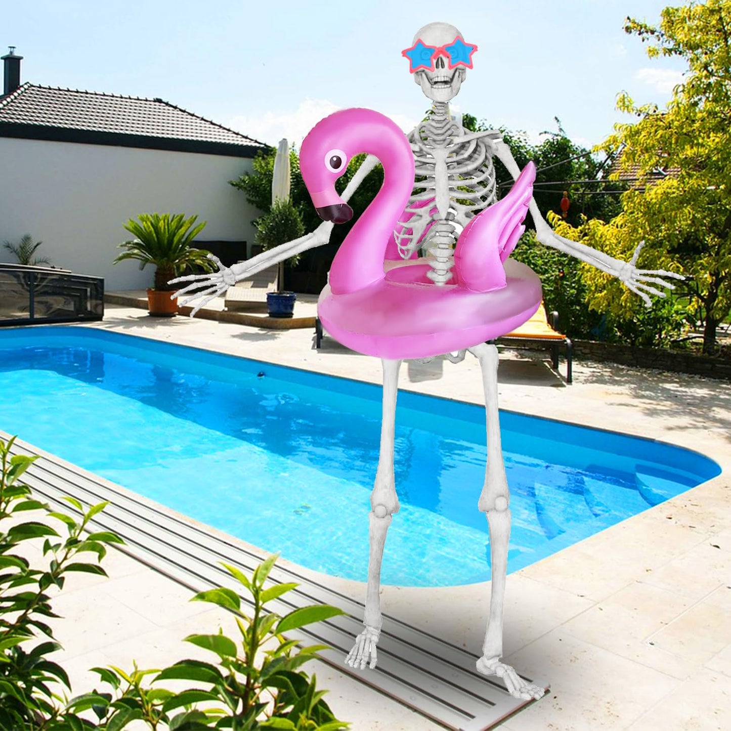 2Pcs 12ft Skeleton Summer Accessories Kit with Flamingo Pool Float and Sunglasses Outdoor Giant Skelly Decor for 12 Foot Skeleton Garden Lawn Summer Party Decorations