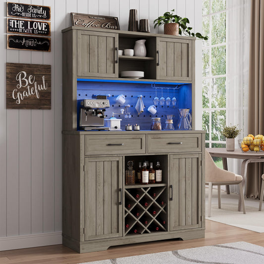 72" Coffee Bar Cabinet with Power Outlet & LED Light, Farmhouse Large Kitchen Hutch with Sliding Barn Door, Tall Bar Cabinets with Storage Drawers & Wine Glass Rack,Pantry China Cabinet for Home,Grey