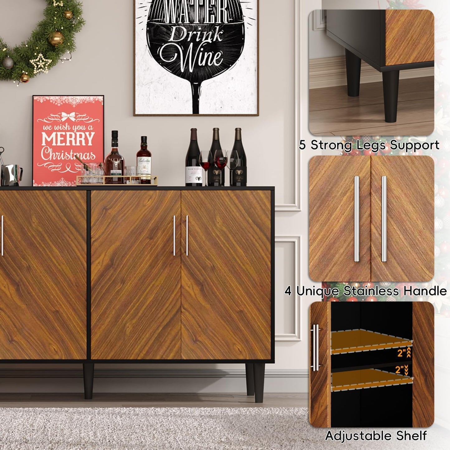 4 EVER WINNER Sideboard Buffet Cabinet with Storage, 58" Large Storage Cabinet with Adjustable Shelves, Modern Coffee Bar with 4 Doors for Living Room Entryway, Walnut and Black