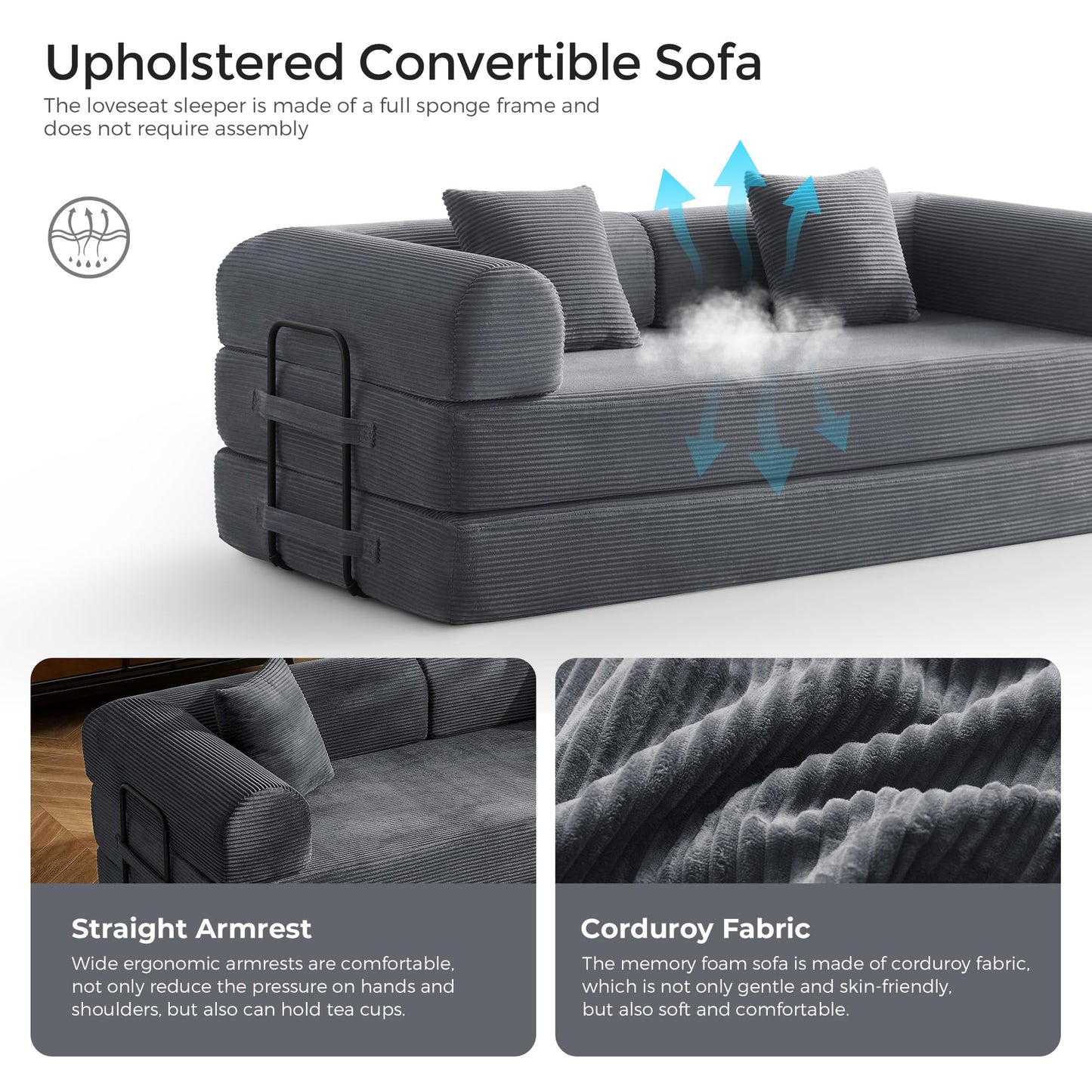 79" Convertible Sofa Bed with Fixed-Shape Frame & Removable Armrests, Modular Corduroy Sleeper Sofa, Folding Mattress Couch for Small Spaces - No Assembly Needed in Dark Gray (Includes 2 Pillows)