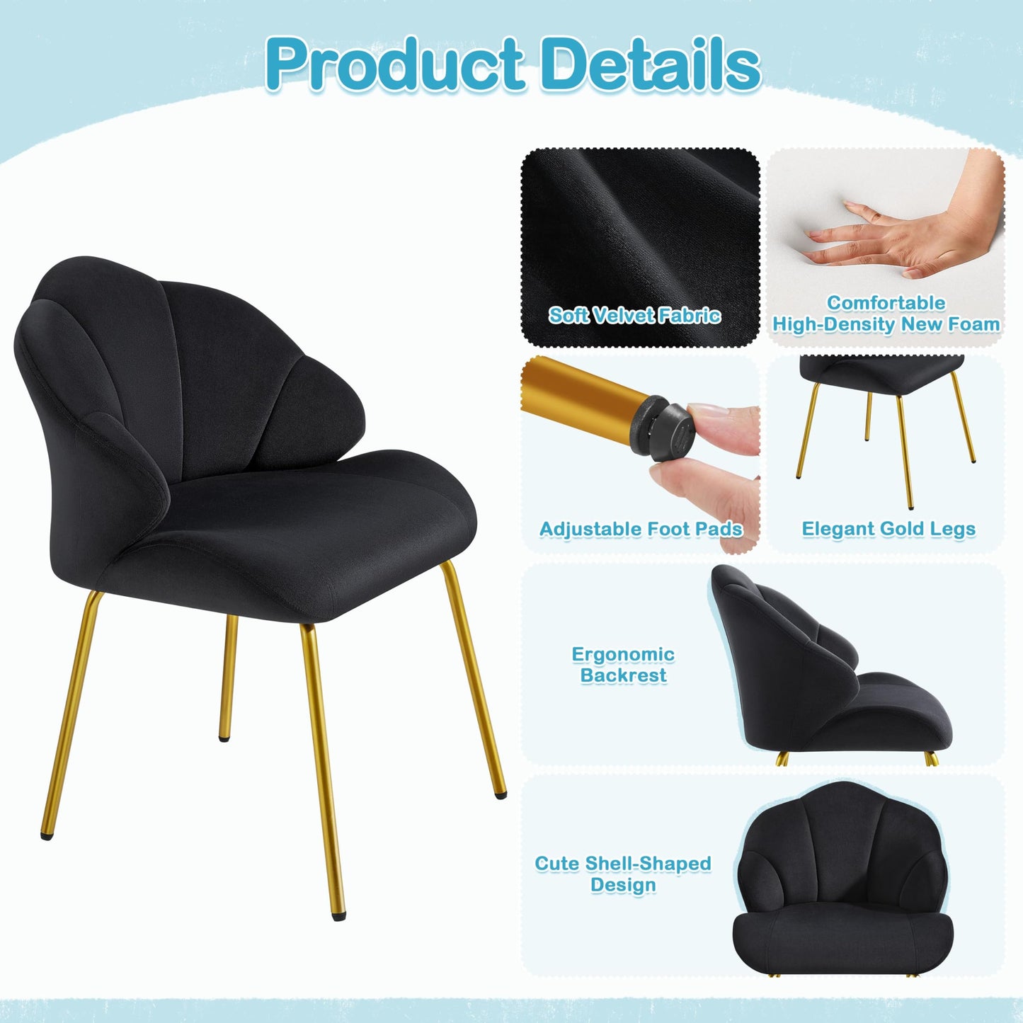 Yaheetech Vanity Chair, Velvet Accent Chair with Shell-Shaped Backrest, Modern Armchair with Gold Metal Legs for Dressing Room/Bedroom/Living Room, Black