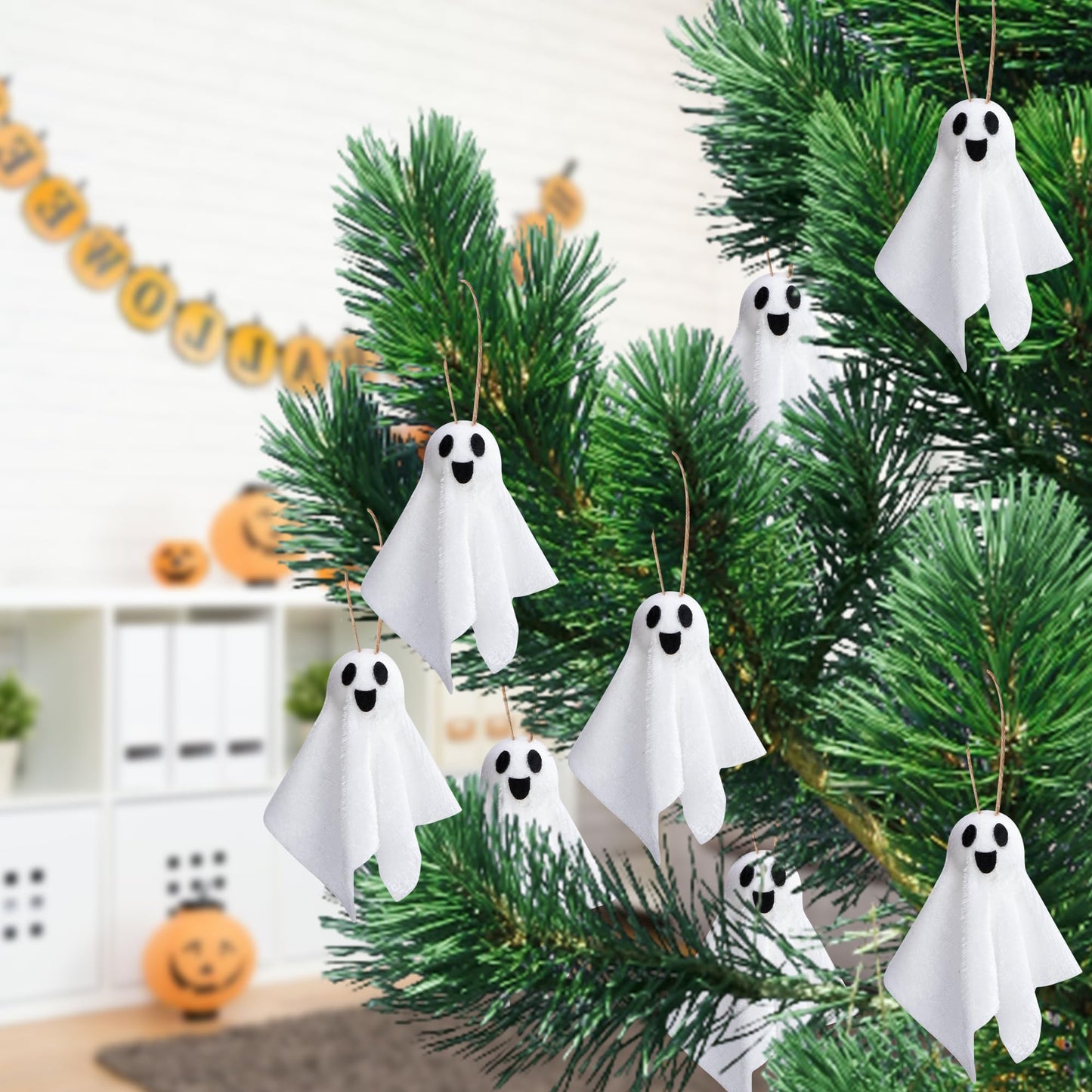 Watayo 16 Pcs Halloween Hanging Ghosts Decoration, 3.5" x 3" Outdoor Small Ghosts Tree Ornaments, Farmhouse Rustic White Cloth Ghost Hanging Decor for Yard Lawn Haunted House Party Decor