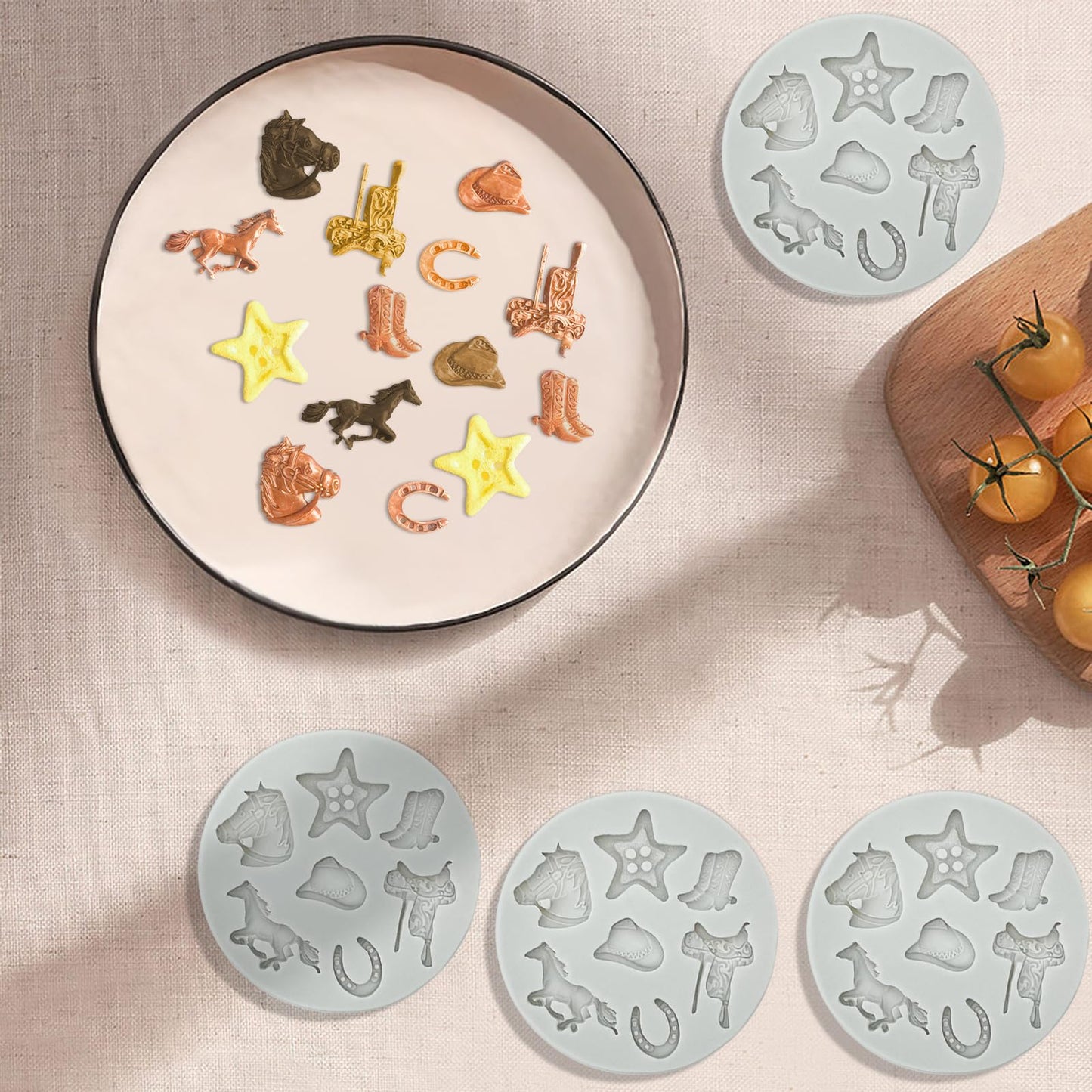 4Pcs Western Cowboy Theme Silicone Fondant Molds Candy Chocolate Molds Biscuit Cookies Baking Mold DIY Cupcake Topper Sugarcraft Gum Paste Clay Ice Cube Pudding for Cake Decoration