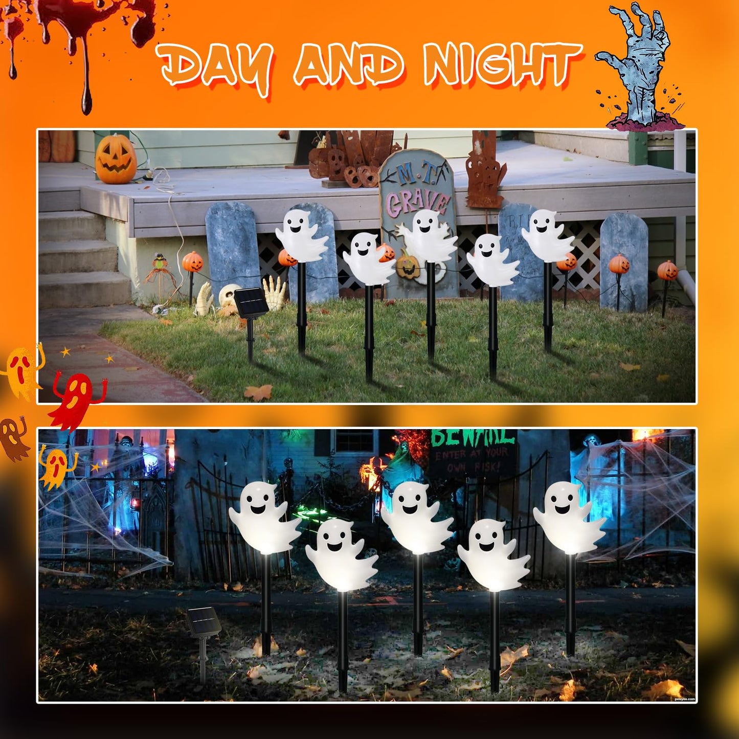 Solar Halloween Ghost Pathway Lights, 10 Pack 3D Lighted Outdoor Stake Decorations, Waterproof LED Yard and Garden Lights for Halloween Pathway, Lawn, Patio, and Holiday Decor (Cool White)
