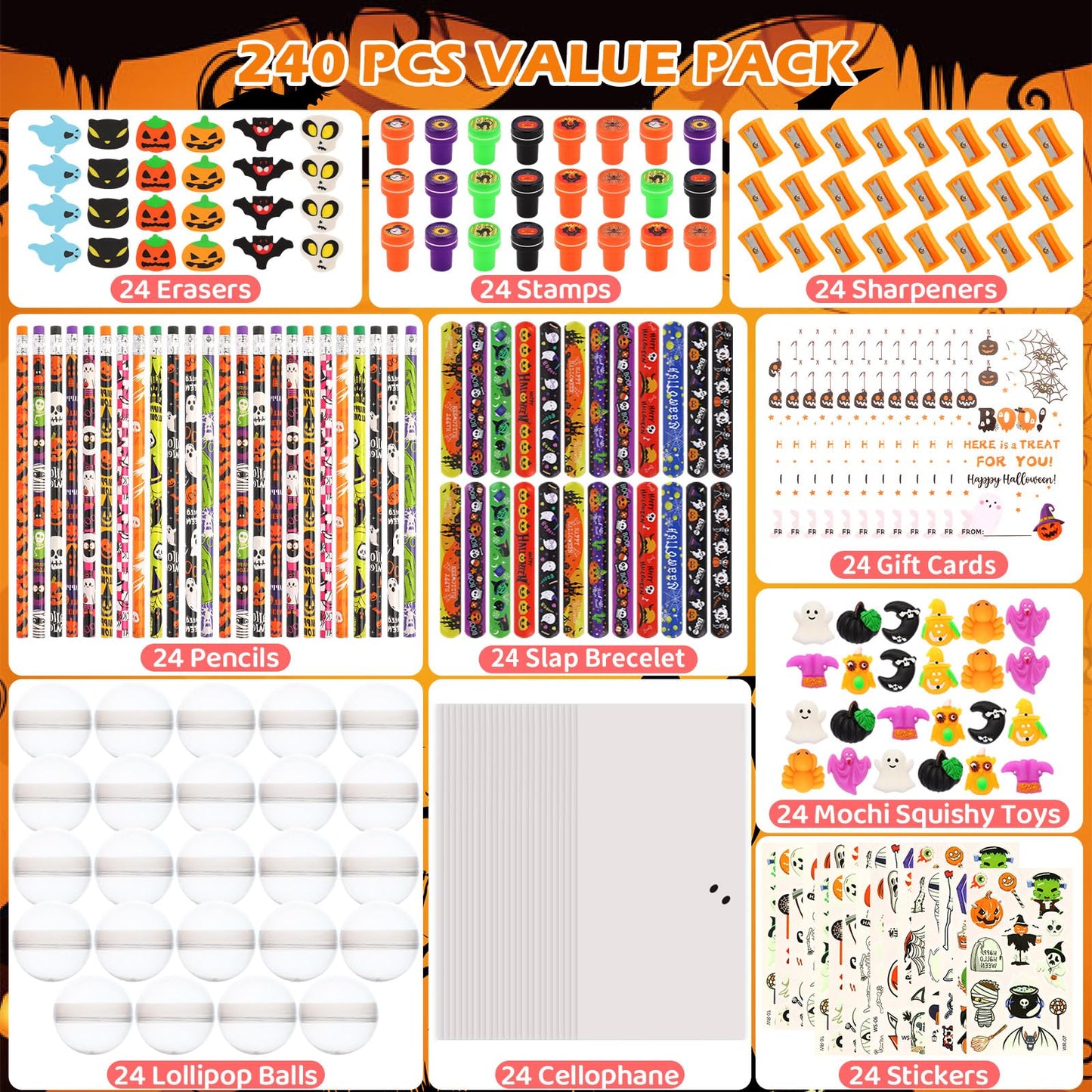 24Pack Halloween Party Favors for Kids, Giant Lollipop with Gift Cards, Pencils, Temporary Tattoo Stickers, Erasers, Stampers, Sharpener for Classroom School Exchange Party Favors for Boys and Girls