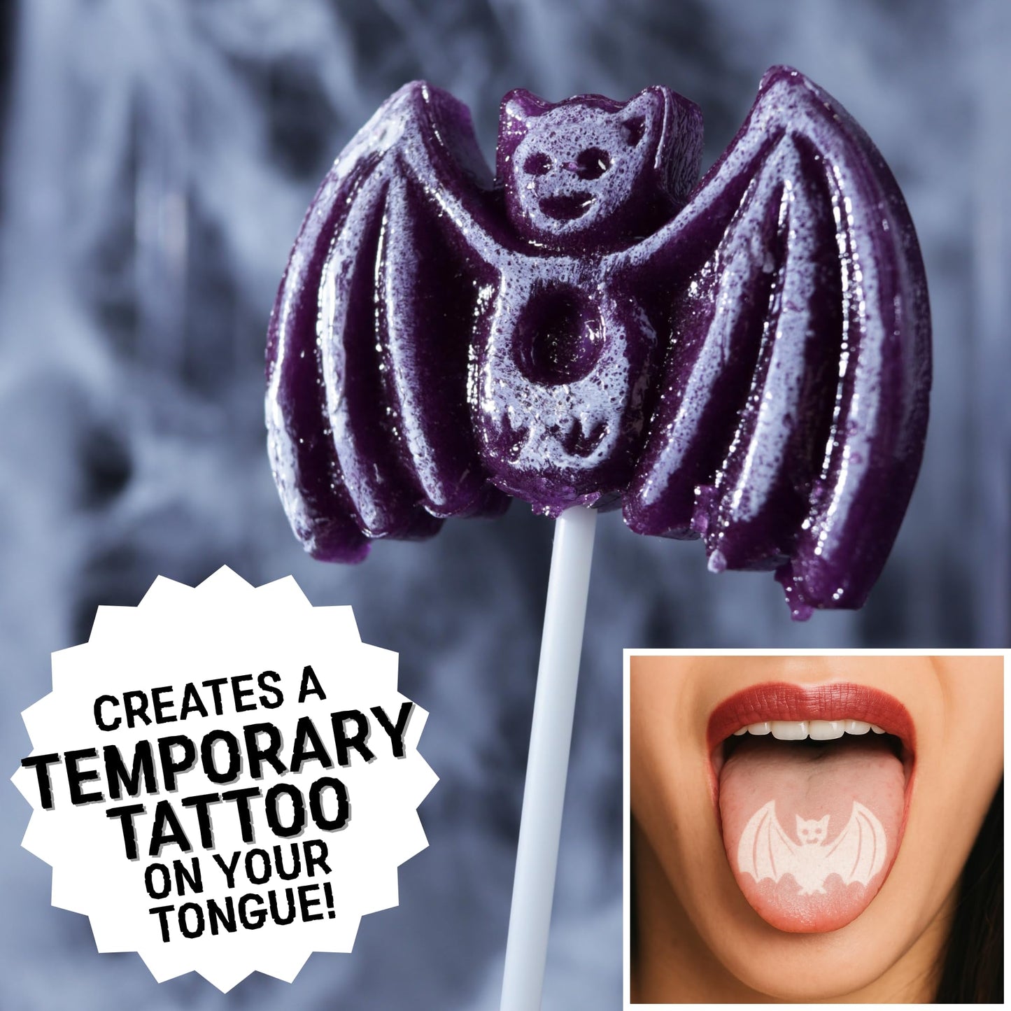 2025 Halloween Bat Tattoo Lollipops, Individually Wrapped Trick or Treat Candy and Goodie Bag Fillers, 24 Count