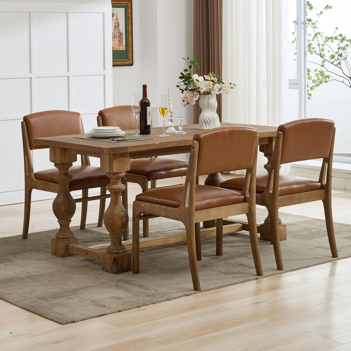Wahson Mid Century Armless Dining Chairs Set of 2, Country Farmhouse Kitchen With Natural Hardwood Legs, Faux Leather Upholstered Accent Chairs for Dining Room, Brown