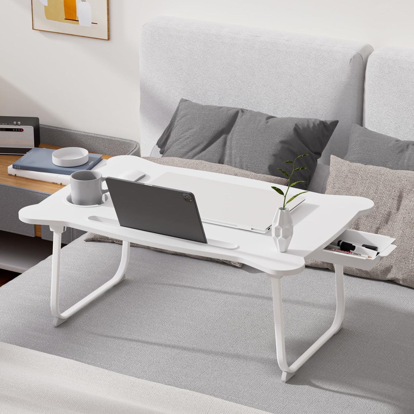 Washranp Laptop Desk for Bed Lap Bed Table Folding Couch Laptop Lap Desk with Storage Drawer, Cup Holder & Tablet Slot Foldable Breakfast Tray Portable for Reading Writing, Sofa & Floor White