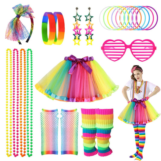 80s Costume Neon Outfits Accessories Set Women Fancy Dress Rainbow Tutu Leg Glove Necklace Headband Earring Glasses