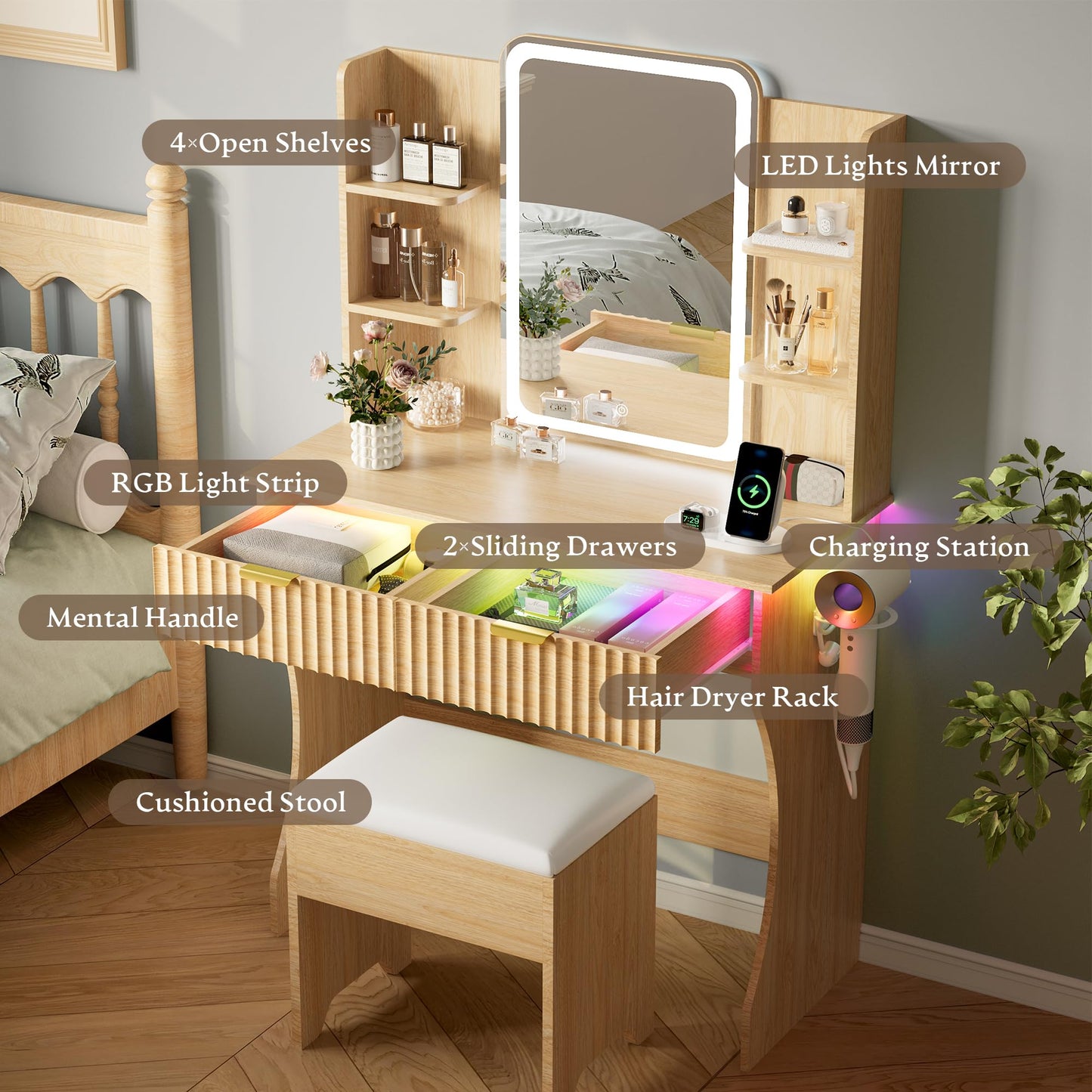 Wood Makeup Vanity Desk with Mirror and Lights, Fluted Vanity Table Set with Power Outlet, Dressing Table with 2 Drawer & 4 Storage Shelves, Adjustable RGB Lighting, Includes Chair for Girl’s Bedroom