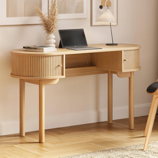 WERMO 51'' Small Wood Writing Desk and Makeup Vanity Desk with Storage and Sliding Doors - Narrow Computer and Work Table for Home Office, Modern Vanity, Oak Dressing Table for Bedroom (Oak)