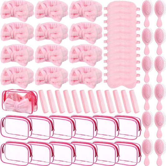 Wavyknot 60 Pcs Sleepover Party Supplies 12 Pink Spa Headband 12 Plush Sleep Eye Mask 12 Mini Hair Brush 12 Combs 12 Clear Cosmetic Bags Bulk for Christmas Spa Slumber Party Favors Gift