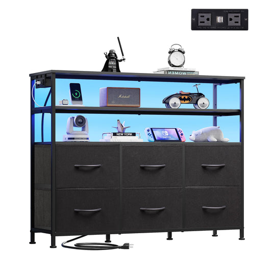 WLIVE Black Dresser for Bedroom, 6 Drawer Dressers with LED Lights and Charging Station, Fabric Chest of Drawers with Open Shelves, LED Storage Dresser for Living Room, Closet