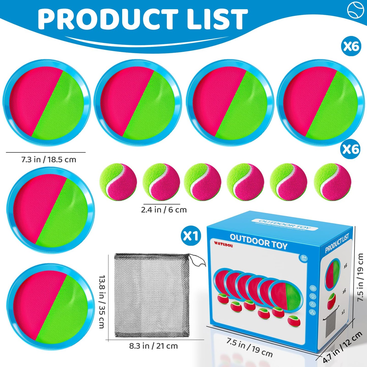 WATUDOU Toss and Catch Balls Game for Kids 3 4 5 6 7 8 Years, Outdoor Toys Lawn Games for Teen Boys and Girls, Beach Games, Pool Toys, Outdoor Activity for Family (6 Paddles & 6 Balls)